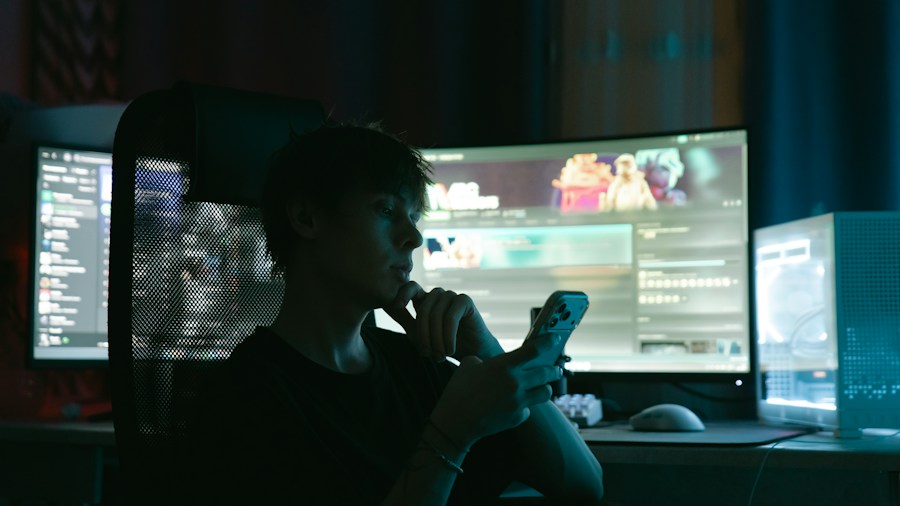 gamer playing on monitor desk