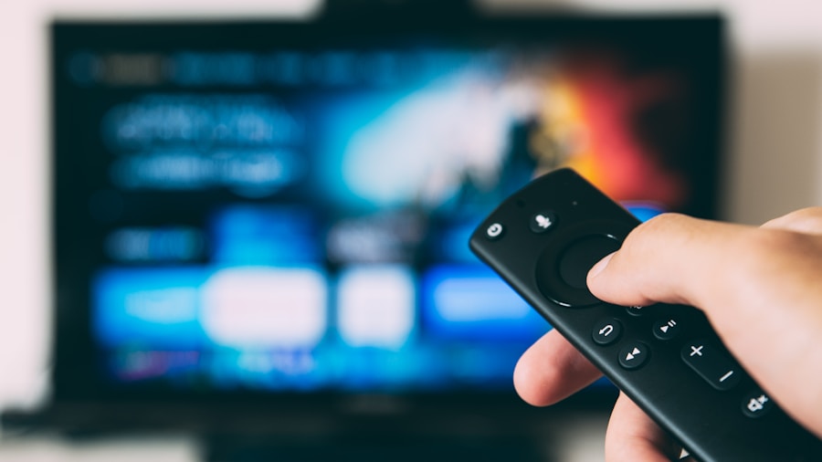 hands holding remote control TV