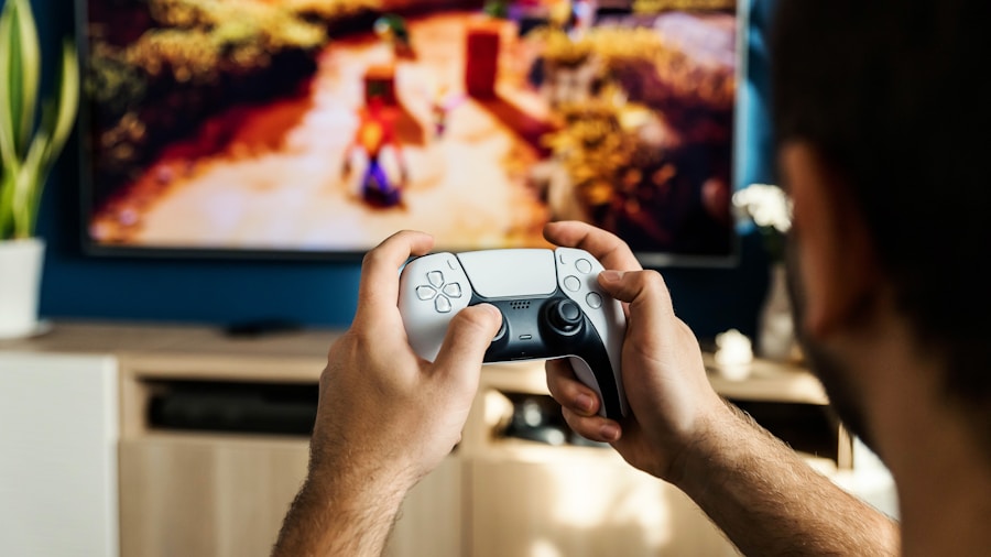 person playing video game console